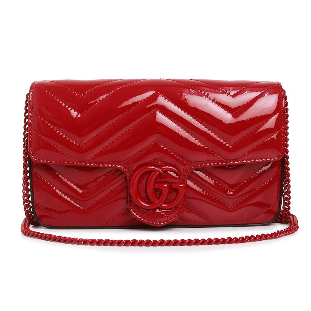 Gucci GG Marmont Chevron Quilted Vernis Leather Enamel Red Bag Crossbody